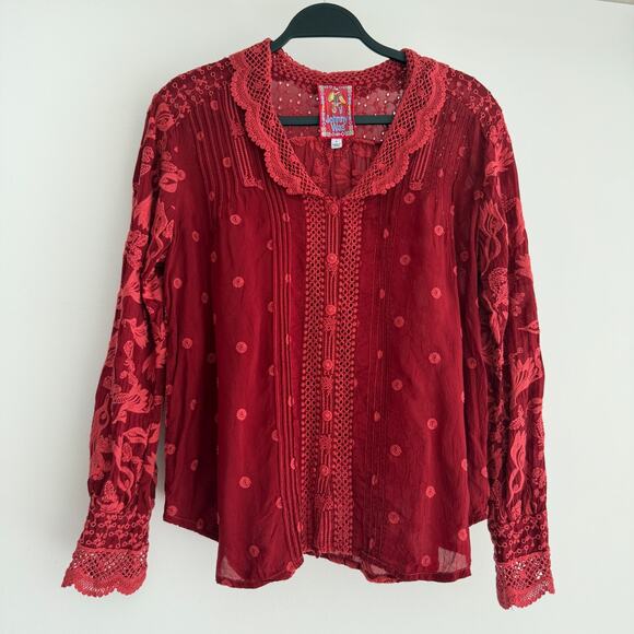 Johnny Was Sparrows Iliana Top Womens Small Red Embroidered Floral Boho Chic - Picture 1 of 15